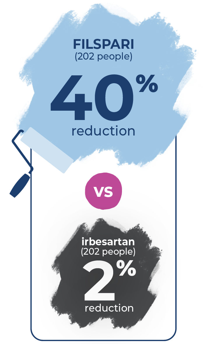 FILSPARI provided 40% reduction (202 patients) and irbesartan provided 2% reduction (202 patients)