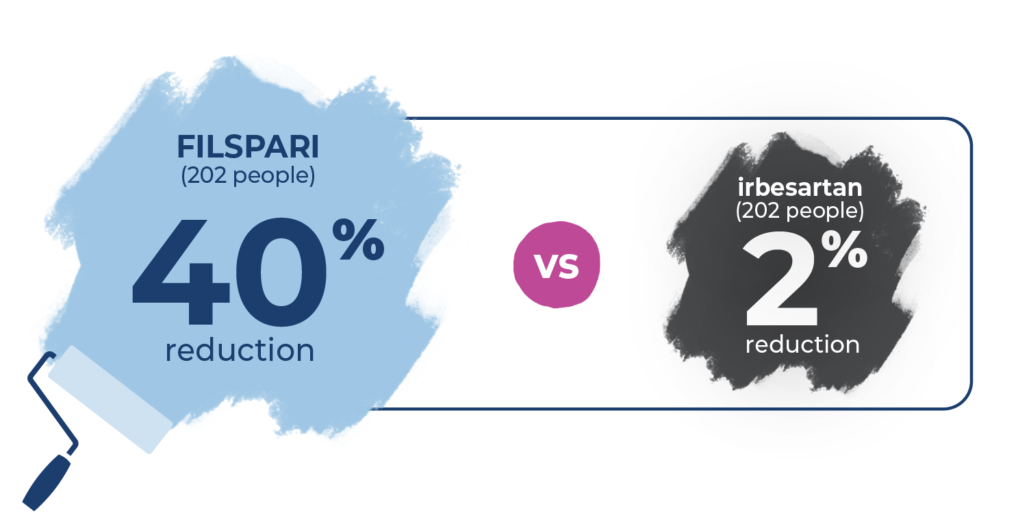 FILSPARI provided 40% reduction (202 patients) and irbesartan provided 2% reduction (202 patients)