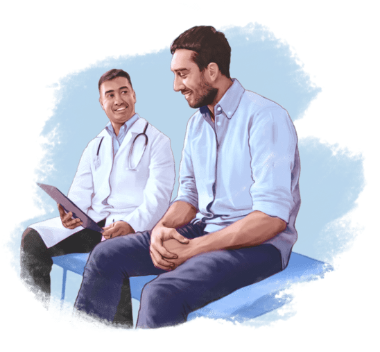 Illustration of patient engaging in warm conversation with doctor